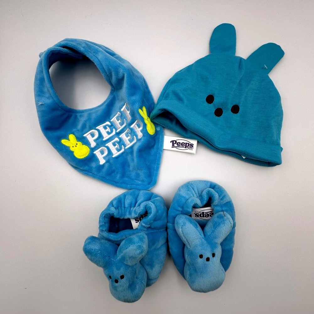 Peeps Baby Set Infant 3 piece‎ Blue Hat Bib Booties